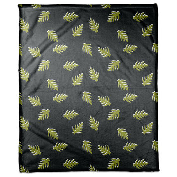 Palm Pattern in Green and Black Fleece Blanket