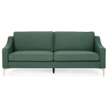 Elegant Sofa, Silver Metal Legs With Cushioned Seat & Sloped Arms, Forest Green