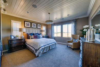 Inspiration for a large transitional master carpeted and gray floor bedroom remodel in Los Angeles with gray walls and no fireplace