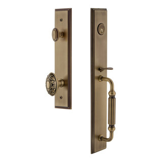 Fifth Avenue Short Plate Entry Set with Carre Knob in Satin Brass -  Grandeur Hardware