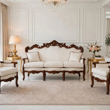 Handcrafted Solid Teak Wood Sofa Set | French Provincial Classic Living Room