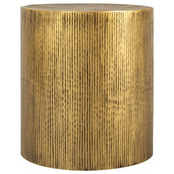 Hand-Crafted Metal Round Accent Table in Antique Brass Finish Drum Shape base
