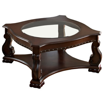 Wood And Glass Coffee Table With Rivet Accents, Brown