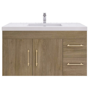 Rosa 42" Wall Mounted Vanity with Reinforced Acrylic Sink (Right Side Drawers), White Oak