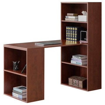 Modern Desk, Rectangular Top With Integrated Bookcase & 2 Shelves, Cherry Large