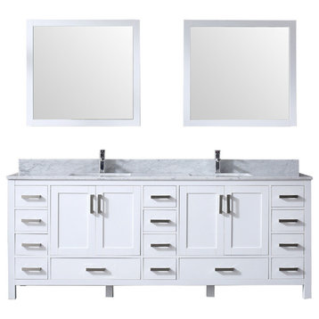 Jacques 84" White Double Vanity, White Carrara Marble Top, Sinks,34" Mirrors