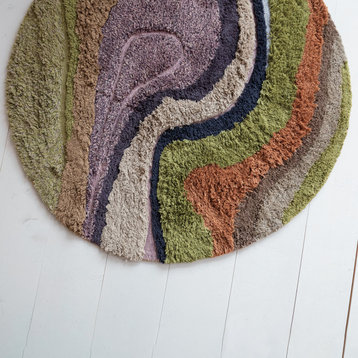 Round Wool and Cotton Tufted Rug With Abstract Design, Multicolor