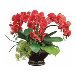 Phalaenopsis Orchids and Moss in Brown Ceramic Vase - Artificial Flower Arrangements