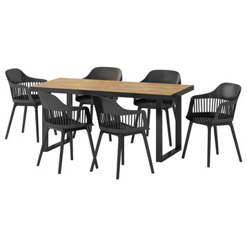 Flora Outdoor Wood and Resin 7 Piece Dining Set, Black and Teak