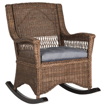 Tropical Rocking Chair, Rattan Frame & Comfortable Cushioned Seat, Brown