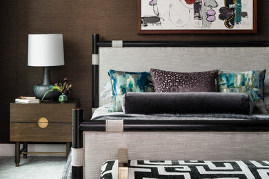 Contemporary bedroom in Seattle with brown walls, carpet and grey floor.