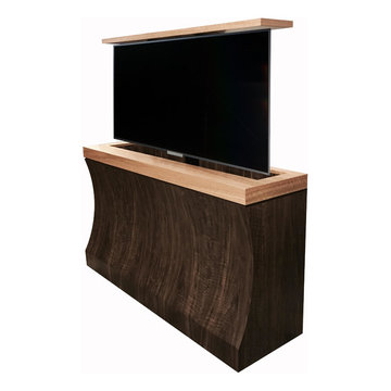 Bayside TV lift cabinet with figured Walnut and Anigre set for bedroom n Houston