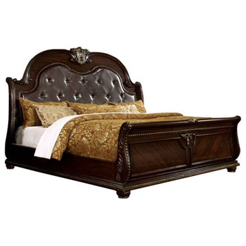 Bowery Hill Traditional Wood Panel King Bed with Faux Leather in Cherry