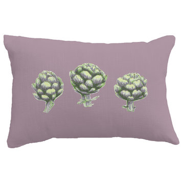 Artichoke Floral Print Throw Pillow With Linen Texture, Light Purple, 14"x20"