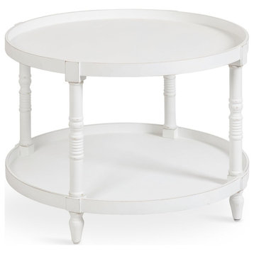 Traditional Coffee Table, Turned Legs & Round Wood Top With Raised Edges, White