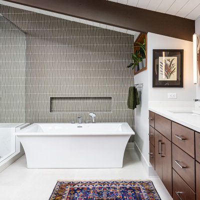Inspiration for a mid-sized 1960s master gray tile and glass tile porcelain tile, white floor, double-sink and exposed beam bathroom remodel in Other with flat-panel cabinets, dark wood cabinets, a one-piece toilet, gray walls, an undermount sink, quartz countertops, a hinged shower door, white countertops and a floating vanity
