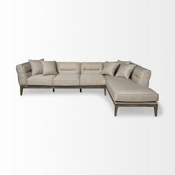 Denali III Beige Fabric, Solid Wood Frame Sectional Sofa, Cream/Brown, Right