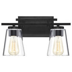 Savoy House - Calhoun Vanity Fixture, Matte Black, 2-Light - Brighten up your bathroom vanity with the sleek look of this 2-light bath bar. Its tapered clear glass shades and matte black finish make a perfect match. It may be mounted as either uplight or downlight. Bath bar lights are a classic choice for illuminating vanity mirrors in bathrooms big and small. Because the bulbs are exposed, try using stylized bulbs (not included) such as Edison for a different look! The matte black finish can be paired with black hardware or mixed with hardware in other fixtures. It is a smart choice for improving the lighting and look of any bathroom.
