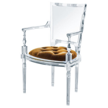Marilyn Acrylic Arm Chair, Ghost Clear Plastic Dining Chair, Tufted Seat, Brown