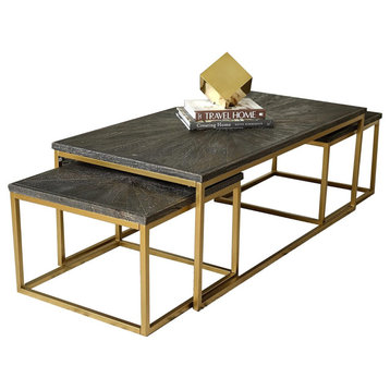 3-Piece Coffee Table, Gold Metal Legs With Hardwood Top, Black Wash
