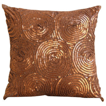 Copper Orange Euro Pillow On Bed Art Silk 24x24 Illusion Sequins, Copper Swirls