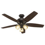 Hunter - Hunter 53317 Newsome - 52" Ceiling Fan with Kit - With its charming appearance, the Newsome traditional ceiling fan with light will complement your casual design style. The clean line details throughout the fan body and blade irons work together to create a coherent design that will fit any standard or large room space. The three-light fixture provides your ideal ambiance while the 52-inch blades are powered by a three-speed WhisperWind motor delivering superior air movement and whisper-quiet performance so you get all the cooling power you want without the noise. The Newsome Collection offers you the freedom to choose from many different sizes, light kits, and other options to maintain a consistent look throughout every room in your home.   Warranty: Limited Lifetime Motor Warranty is backed by the only company with over 130 years in the fan business Lumens: 0  Color Temeprature: 2,700  Color Rendering Index:   Lifetime Expectation (Hours): 10,000 Hrs  Airflow: 3085  Rod Length(s): 3   Shipping Length (in): 12.9 Shipping Width (in): 23.0  Shipping Height (in): 9.4  Shipping Weight (Lbs): 23.95  Shipping Cubic Feet (L x W x H)/1728: 1.614Newsome 52" Ceiling Fan with Kit Premier Bronze Roasted Walnut Blade Frosted Amber Glass *UL Approved: YES *Energy Star Qualified: n/a  *ADA Certified: n/a  *Number of Lights: Lamp: 3-*Wattage:13w E26 Std. Med. Base CFL bulb(s) *Bulb Included:Yes *Bulb Type:E26 Std. Med. Base CFL *Finish Type:Premier Bronze