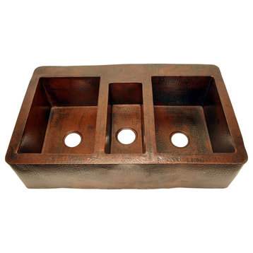 42" Triple Well Copper Farmhouse Kitchen Sink by SoLuna, Cafe Natural