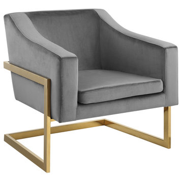 Modern Velvet Club Chair with Gold Legs, Grey