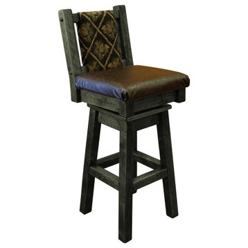 Barnwood Style Timber Peg Swivel Upholstered Barstool, Weathered Slate, Black Pine Cone and Quarter Espresso, Counter Height