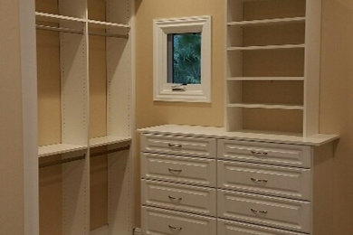 Mid-sized contemporary women's walk-in wardrobe in Sacramento with raised-panel cabinets, white cabinets and carpet.