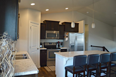Inspiration for a mid-sized modern l-shaped dark wood floor open concept kitchen remodel in Other with a double-bowl sink, shaker cabinets, dark wood cabinets, stainless steel appliances, an island and laminate countertops