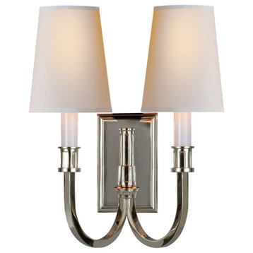 Modern Library Double Sconce in Polished Nickel with Natural Paper Shades