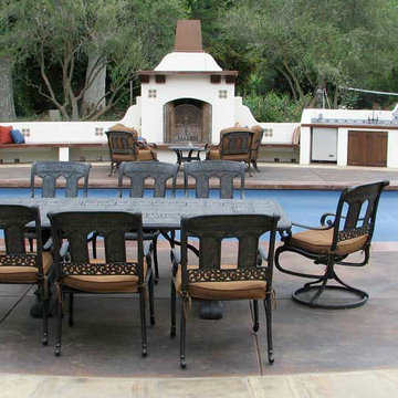 Concrete Pool Deck with Rumford Fireplace, Outdoor Kitchen, Bocci Court & BBQ