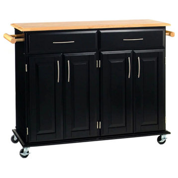 Contemporary Kitchen Cart, Natural Wood Top & Cabinets With Curved Pulls, Black