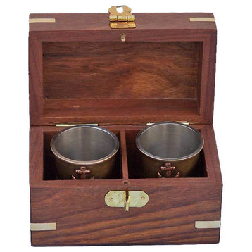 Antique Brass Anchor Shot Glasses With Rosewood Box 4'', Set of 2, Brand New