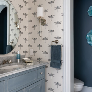 Dragonfly Powder Room Wallpaper Design, Blue Vanity Cabinet, Blue Cabinetry