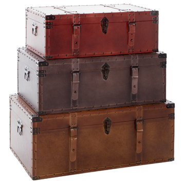 Large Leather & Wood Storage Trunks w/ Studs & Buckles, Set of 3