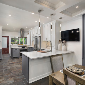 Modern Transitional Two-Tone Kitchen Remodel | White & Gray Cabinets, Brick