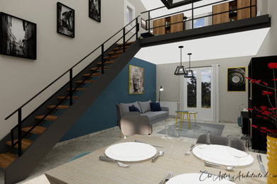 Cette image montre une grande salle de séjour mansardée ou avec mezzanine urbaine avec un mur bleu, un téléviseur indépendant et un sol gris.