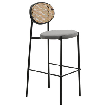 LeisureMod Euston Wicker Bar Stool With Black Steel Frame and Footrest, Gray