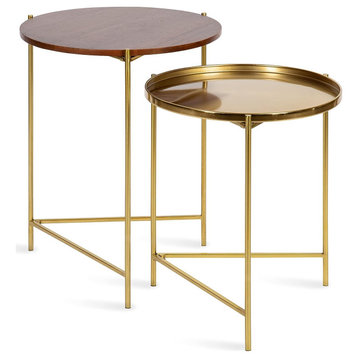 2 Pieces Nesting End Table, Metal Base With Mango Wooden Top, Walnut Brown/Gold