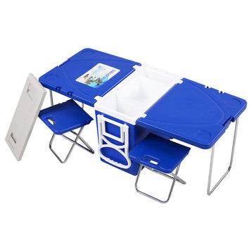 Outdoor Picnic Camping Rolling Cooler with Table and 2 Chairs