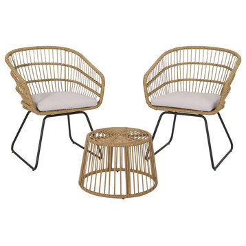 3 Pieces Patio Bistro Set, Cushioned Chairs With Barrel Back and Rattan Table