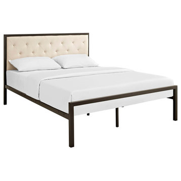 Modern Contemporary Queen Size Fabric Bed Frame, Beige Fabric