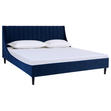Aspen Vertical Tufted Headboard Platform Bed, Navy Blue Velvet, King
