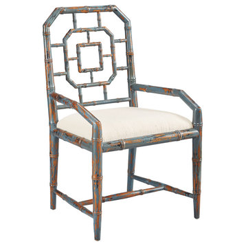 LaGrange Chippendale Cushioned Host Arm Chair with Distressed Blue Finish
