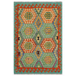Bareens Designer Rugs - Southwestern Turkish Kilim Britt Hand-Woven Wool Rug - 3'4'' x 4'8'' - Elevate the elegance of your home with this stunning hand-woven tribal Kilim wool rug. Meticulously crafted on a loom by the Nomad Turkman people using hand-spun wool and 100% natural vegetable dyes, these rugs are recognized for their repetitive geometric patterns, incorporating naturalistic floral and traditional designs. The contemporary fashion palette results in bold, sharp patterns that are incredibly versatile, as the pattern is the same on both sides. These reversible rugs feature a lighter shade on one side and brighter colors on the other, providing versatility according to preference. These unique rugs are made by knotting short strands of different colors onto the warps and securing them by tightly pressing the wefts. The designs are created by interweaving the various colored wefts and warps. Kilims are known for their exceptional durability and versatility, making them truly unique rugs.  Product Details    Rug Size: 3'4'' x 4'8''  Material: 100% Wool  Style: Kilim, Flat Weave, Dhurrie, Turkish, Southwestern, Rustic, Tribal  Colors: Rust, Green  Weave Type: Hand-Woven, Handmade  Pile Height: Less than 0.25 inch