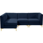 Meridian Furniture - Alina Velvet Modular L-Shaped Modular Sectional, Navy, 4-Piece: 2 Armless Chair, 2 Corner Chair - Bring modern beauty to your space with the addition of this Alina Velvet Modular sectional. This beautiful sectional features deep channel tufting to ramp up its visual interest and add to its resilient demeanor. Its soft navy velvet upholstery blends nicely with existing elements in your room and is sleek to the touch, making this seat a super comfortable one. Part of the modular Alina collection, this sectional has a latch that attaches it to other pieces to create your custom seating arrangement.