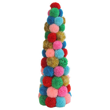 19.25" Multi-Color Bohemian Wool Pom Pom Christmas Cone Tree