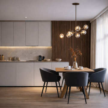 Projekt 4.08   Modernes Wohnzimmer mit Küche in einer Stadtwohnung für eine Fami
